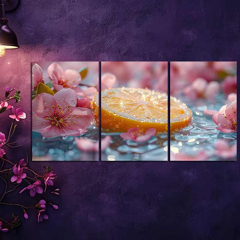3pcs Sliced lemon in water with Florals Wall Art Set Canvas Framed 40x60cm - High Quality Print 100% Australian Made Wall Canvas Ready to Hang