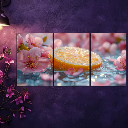 3pcs Sliced lemon in water with Florals Wall Art Set Canvas Framed 60x90cm - High Quality Print 100% Australian Made Wall Canvas Ready to Hang