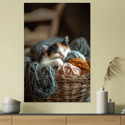 Cat Sleeping with Yarn Balls Art Poster 40x60cm Metal Print Ready to Hang