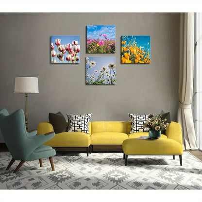 4pcs Colorful Flowers Artwork Painting Wall Art Canvas Framed