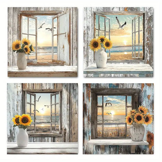 4pcs Rustic Sunflower Wall Art Canvas Framed