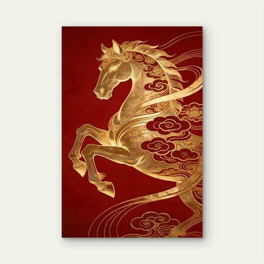 Chinese Zodiac Horse Gold Red Oriental Art 40x60cm Metal Print Ready to Hang