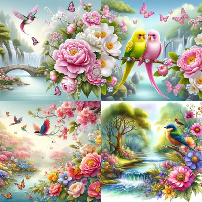 4pcs Beginner Spring Bird Flower Wall Art Canvas Framed
