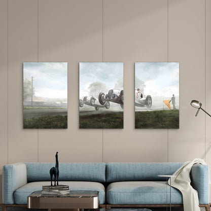 3pcs Vintage 1930s Silver Arrow Racing Car Jump Metal Print Ready to Hang Art