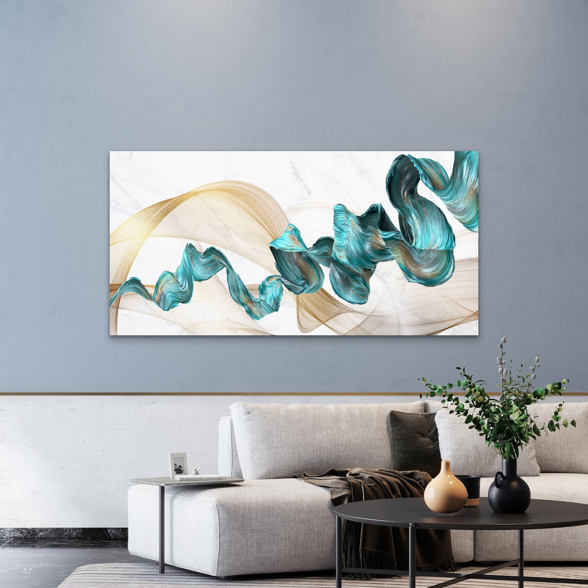 Flowing Teal Golden Ribbons Wall Art Canvas Office Home Room Framed 120x60cm