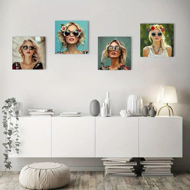 4pcs Girl Wearing A Sunglass Wall Art Canvas Framed