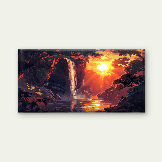 Waterfall Sunset Painting Wall Art Canvas Office Home Room Framed 120x60cm