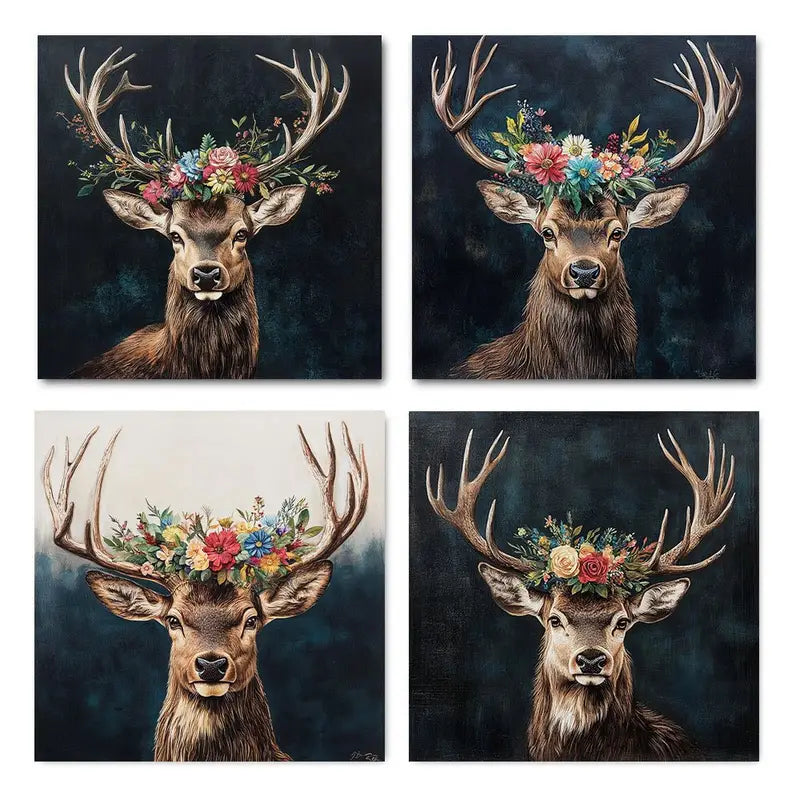 4pcs Animal Deer Prints Wall Art Canvas Framed