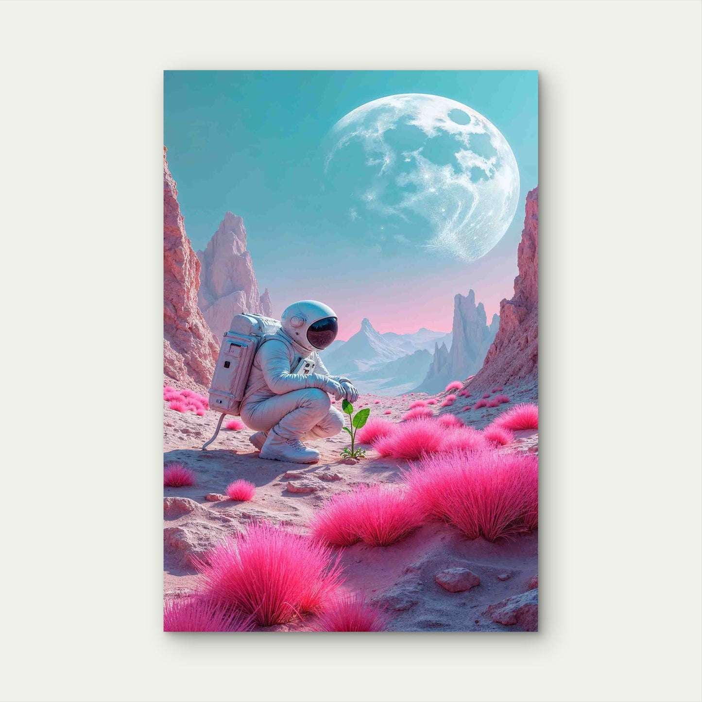 Astronaut Flower Pink Planet Metal Print Ready to Hang