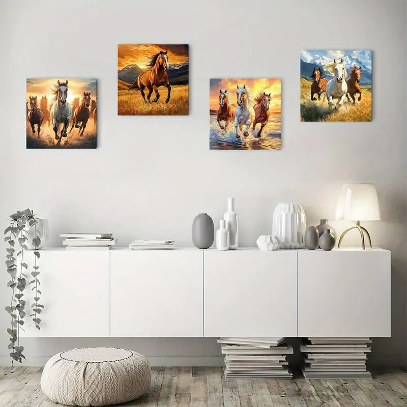 4pcs Abstract Wild Horses Galloping Wall Art Canvas Framed