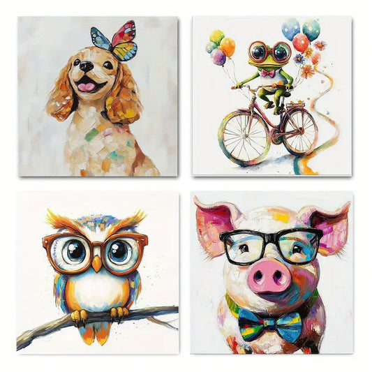 4pcs Happy Animal with Glasses Owl Frog   Wall Art Canvas Framed