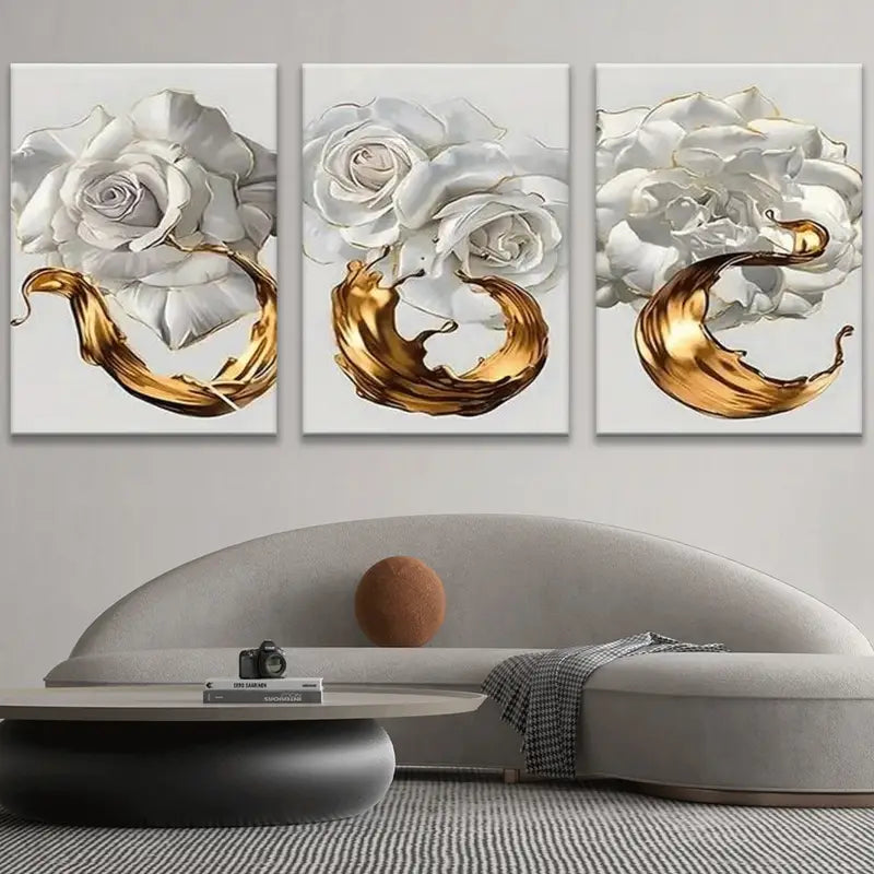 3pcs Golden Rose & Floral Metal Print Ready to Hang Art - Bella Home Decor