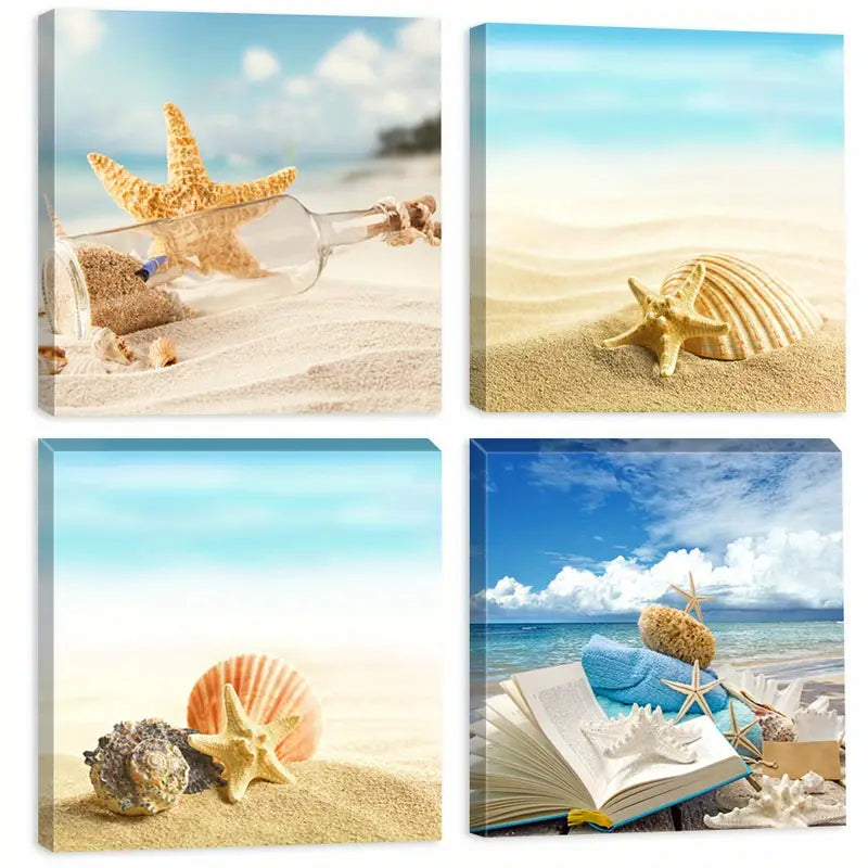 4pcs Beach Themed  Starfish & Seashell  Wall Art Canvas Framed