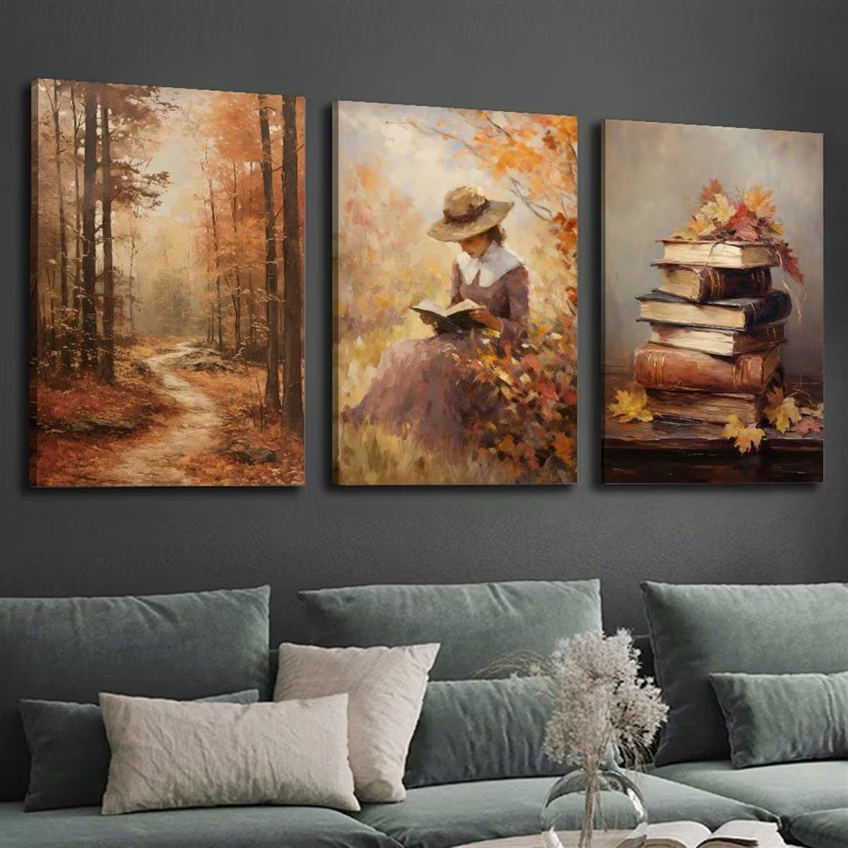 3pcs Rural Cottage Women Books Forests Vintage Autumn Wall Art Set Canvas Framed 40x60cm - High Quality Print 100% Australian Made Wall Canvas Ready to Hang