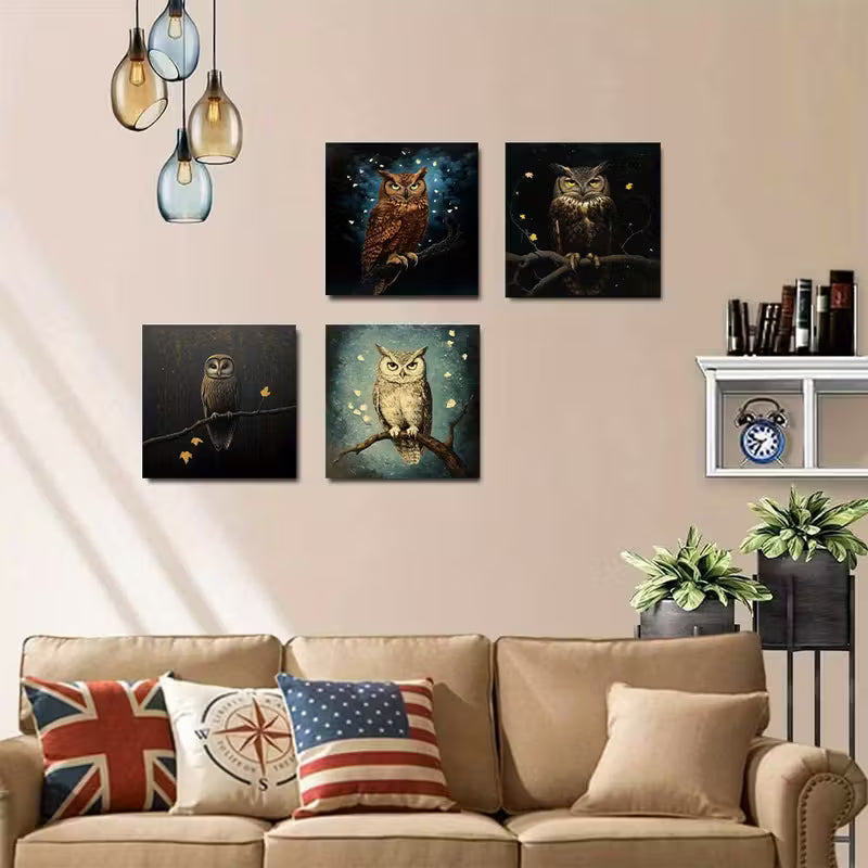 4pcs Owl Deco Themed Wall Art Canvas Framed