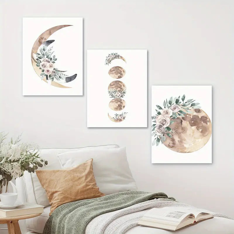 3pcs Celestial with Floral & Botanical Moon Design Metal Print Ready to Hang Art