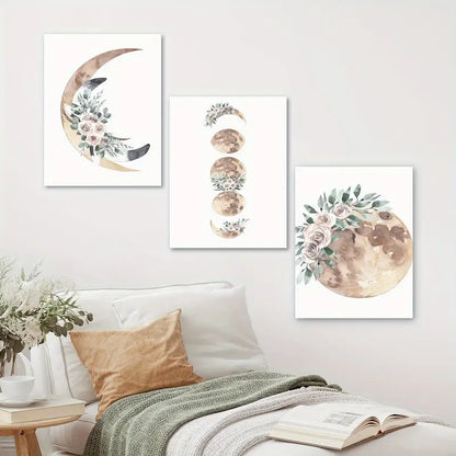 3pcs Celestial with Floral & Botanical Moon Design Metal Print Ready to Hang Art