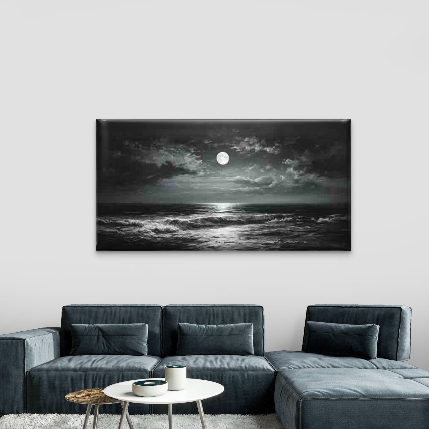 Moonlit Sea with Dark Clouds Wall Art Canvas Office Home Room Framed 120x60cm - Bella Home Decor