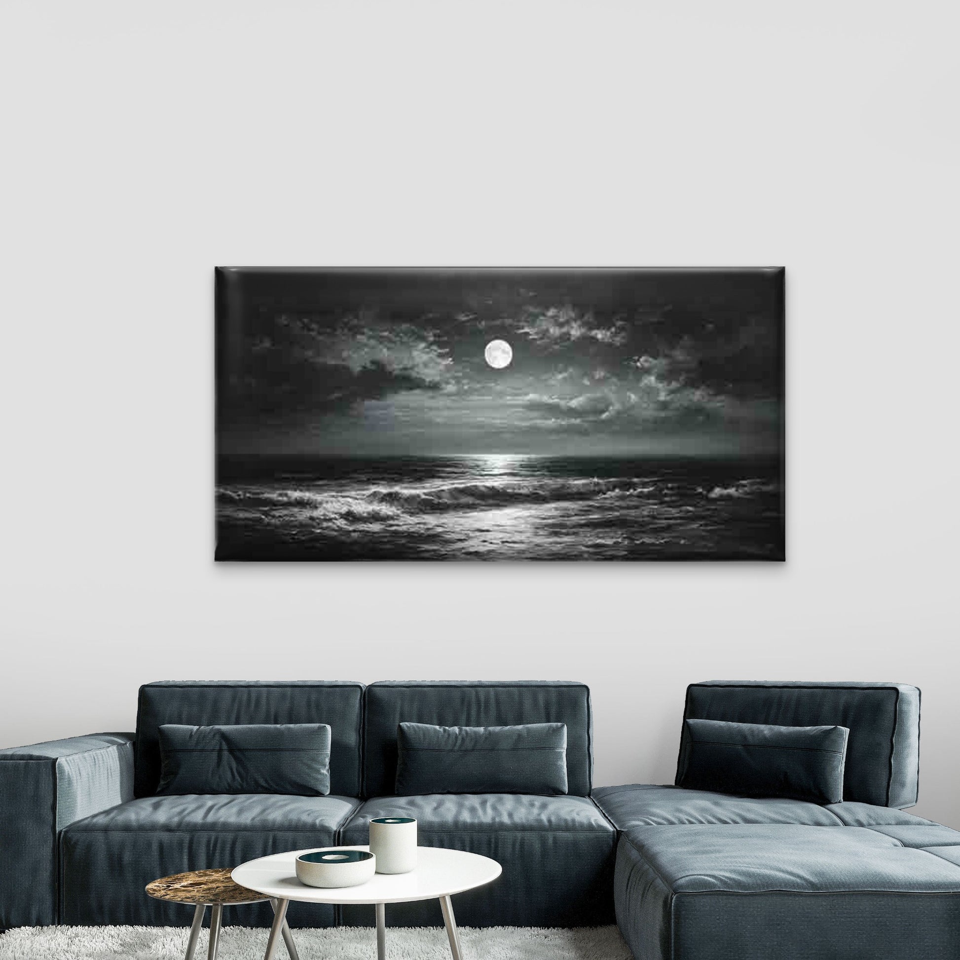 Moonlit Sea with Dark Clouds Wall Art Canvas Office Home Room Framed 120x60cm - Bella Home Decor