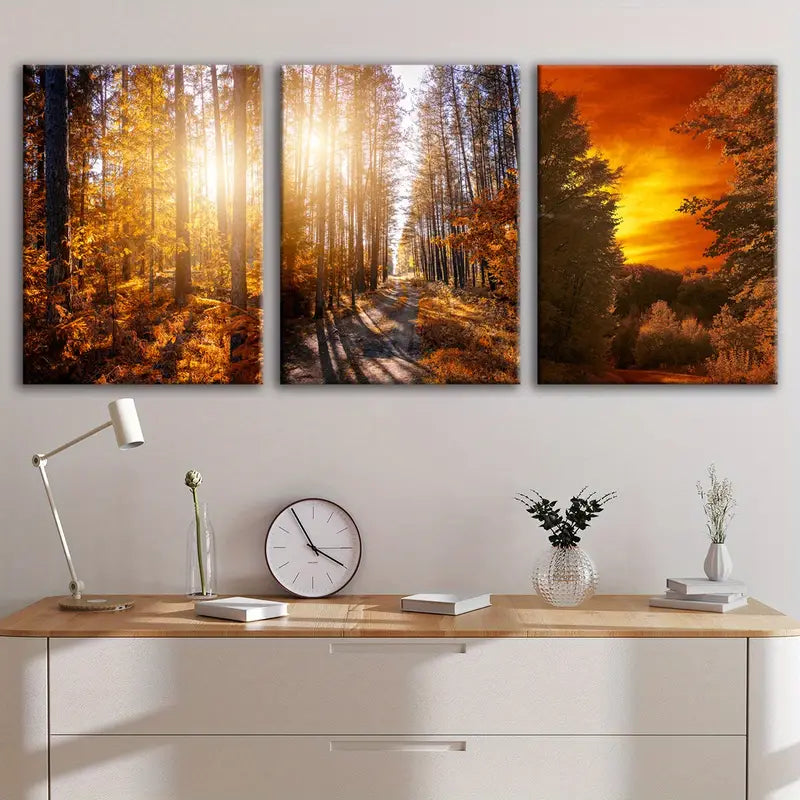 3pcs Autumn Sunset Forest Landscape Wall Art Set Canvas Framed 40x60cm - High Quality Print 100% Australian Made Wall Canvas Ready to Hang - Bella Home Decor
