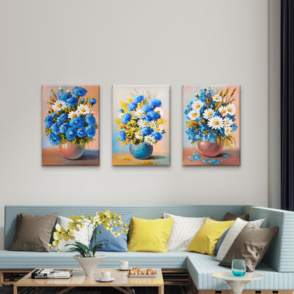 3pcs Blue Cornflower Daisy Floral Oil Painting Wall Art Set Canvas Framed 40x60cm - High Quality Print 100% Australian Made Wall Canvas Ready to Hang