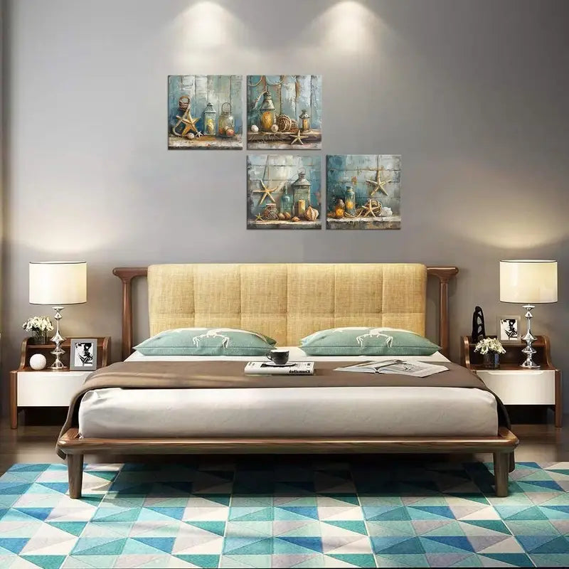 4pcs Ocean Theme Starfish Shell Lamp Rope Canvas Wall Art Canvas Framed