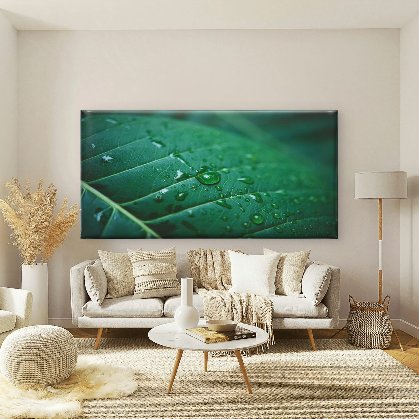 Water Drops On Green Leaf Wall Art Canvas Office Home Room Framed 120x60cm