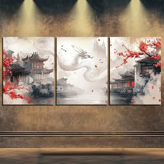 3pcs Dragon & Cherry Blossoms Metal Print Ready to Hang Art