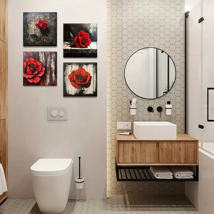 4pcs Red Rose Water Splash  Wall Art Canvas Framed