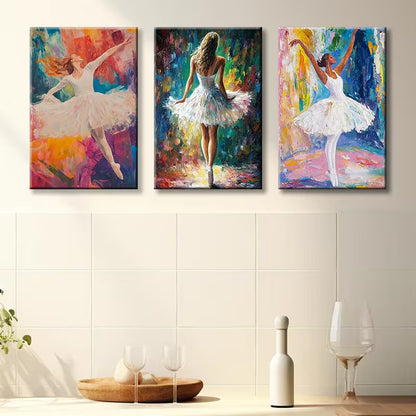 3pcs Elegant Ballerina Vibrant Illustration Wall Art Set Canvas Framed 40x60cm - High Quality Print 100% Australian Made Wall Canvas Ready to Hang