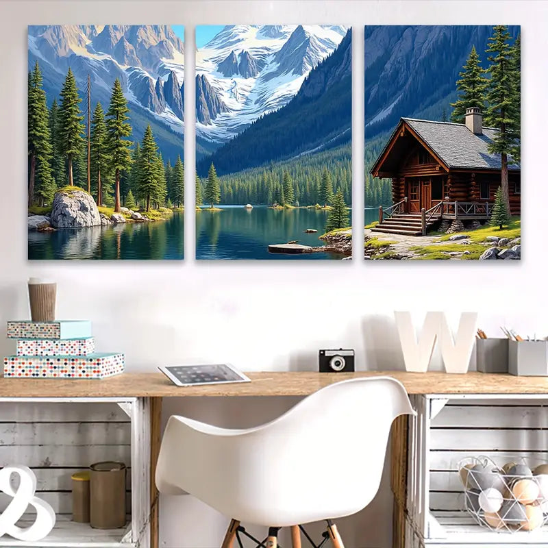 3pcs Mountain Cabin Lake and Snow Scene Art Wall Art Set Canvas Framed 40x60cm - High Quality Print 100% Australian Made Wall Canvas Ready to Hang