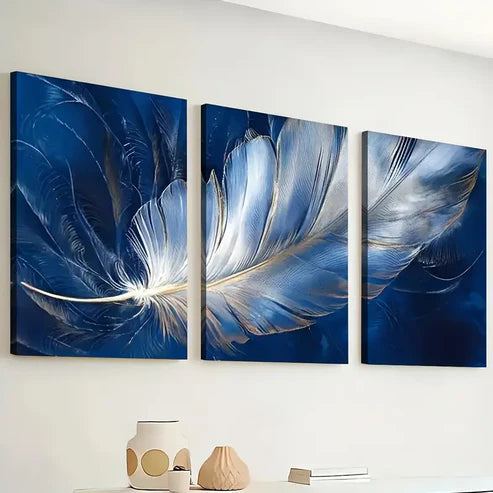 3pcs Art Style Modern Fashion Feather Royal Blue Wall Art Set Canvas Unframed - High Quality Print 100% Australian Made Wall Canvas - Bella Home Decor