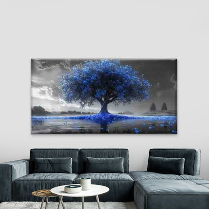 Lakeside Blue Flower Tree Wall Art Canvas Office Home Room Framed 120x60cm