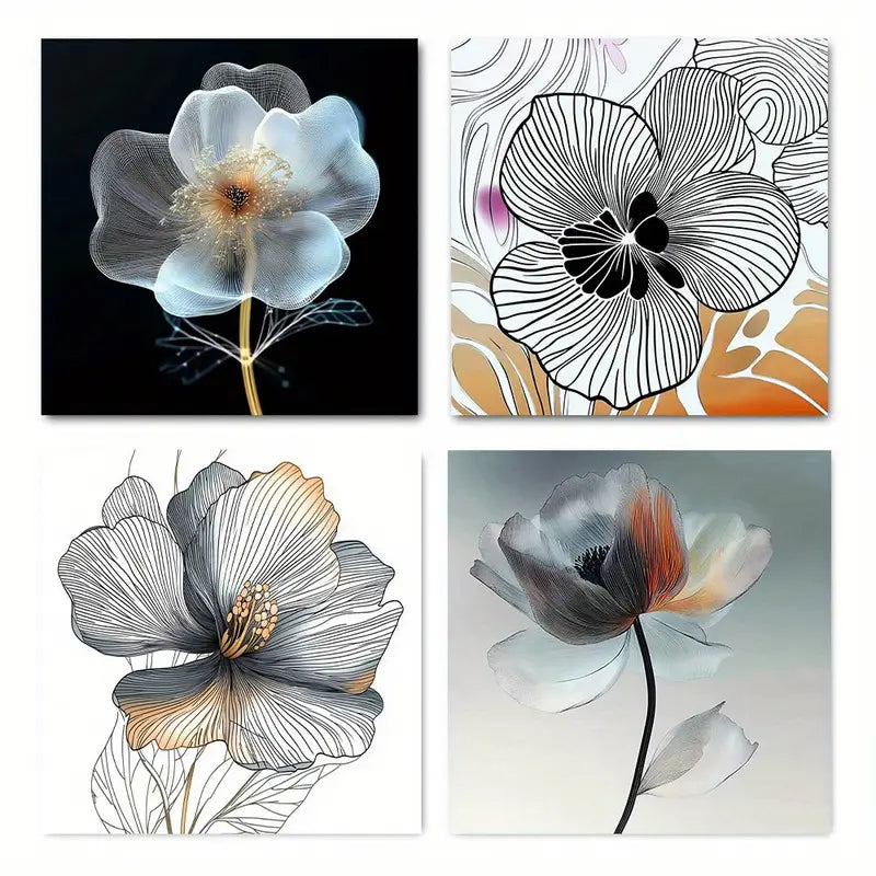 4pcs Flowers in Black, White, And Pastel Tones Wall Art Canvas Framed