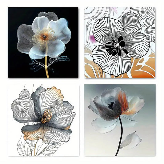 4pcs Flowers in Black, White, And Pastel Tones Wall Art Canvas Framed