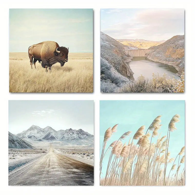 4pcs American Buffalo, Mountain Landscapes Wall Art Canvas Framed