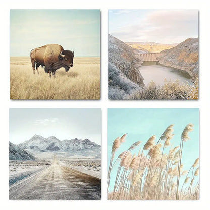4pcs American Buffalo, Mountain Landscapes Wall Art Canvas Framed
