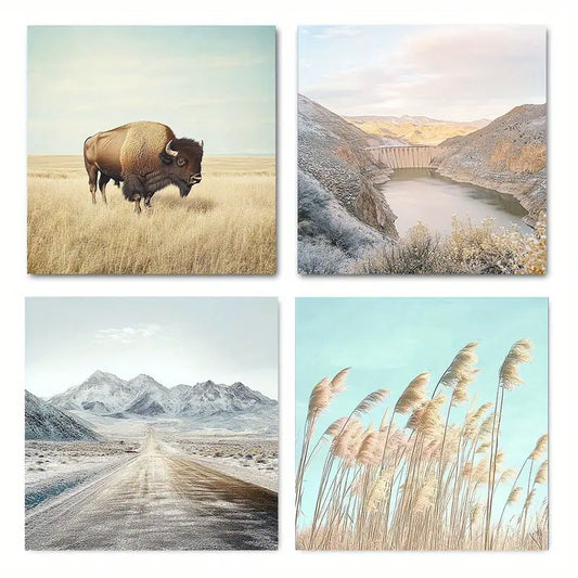 4pcs American Buffalo, Mountain Landscapes Wall Art Canvas Framed
