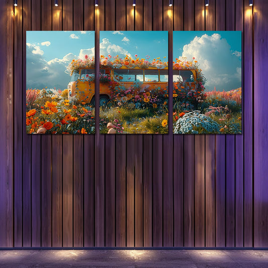 3pcs Vintage Yellow Bus in Wildflower Field Wall Art Set Canvas Framed 50x70cm - High Quality Print 100% Australian Made Wall Canvas Ready to Hang