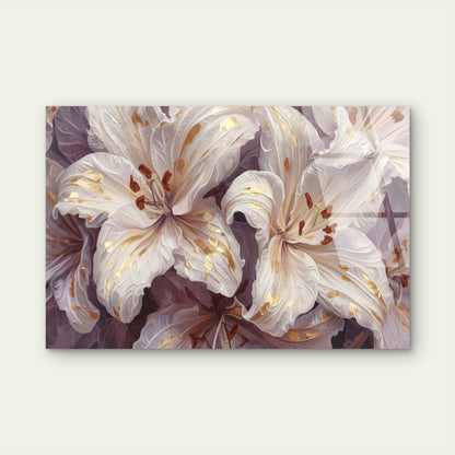 Abstract White Lilies Gold Foil Bloom Acrylic Glass Printing Wall Art Australian Made Quality