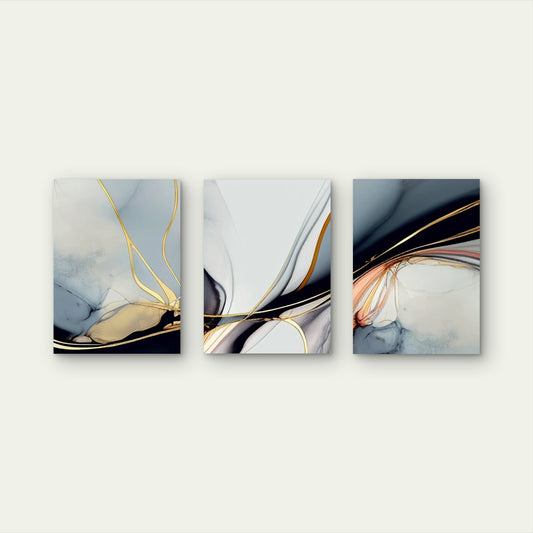 3pcs Navy Blue Gray Gold Ink Abstract   Wall Art Set Canvas Framed 60x90cm - High Quality Print 100% Australian Made Wall Canvas Ready to Hang