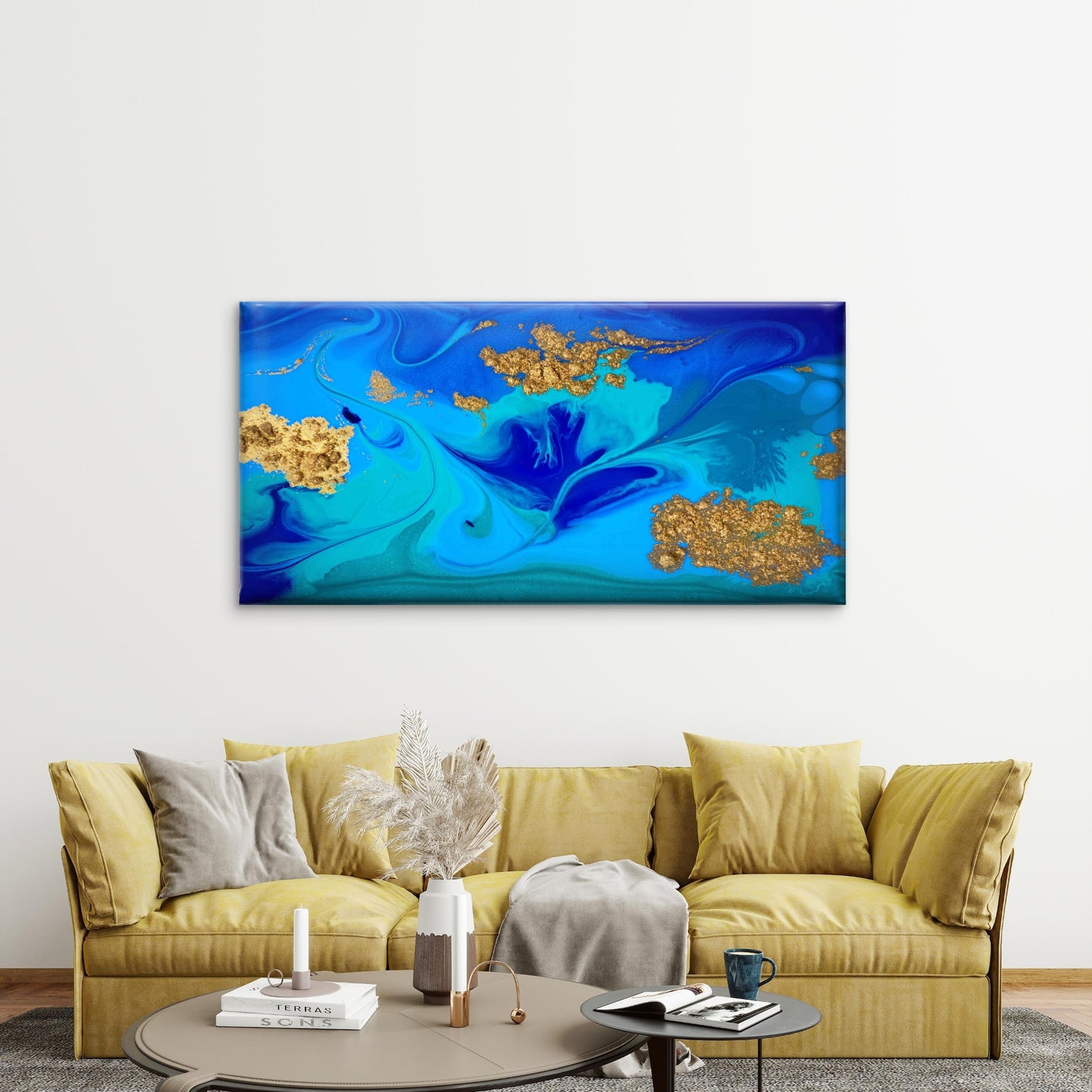 Marbled Blue Gold Abstract Wall Art Canvas Office Home Room Framed 120x60cm - Bella Home Decor