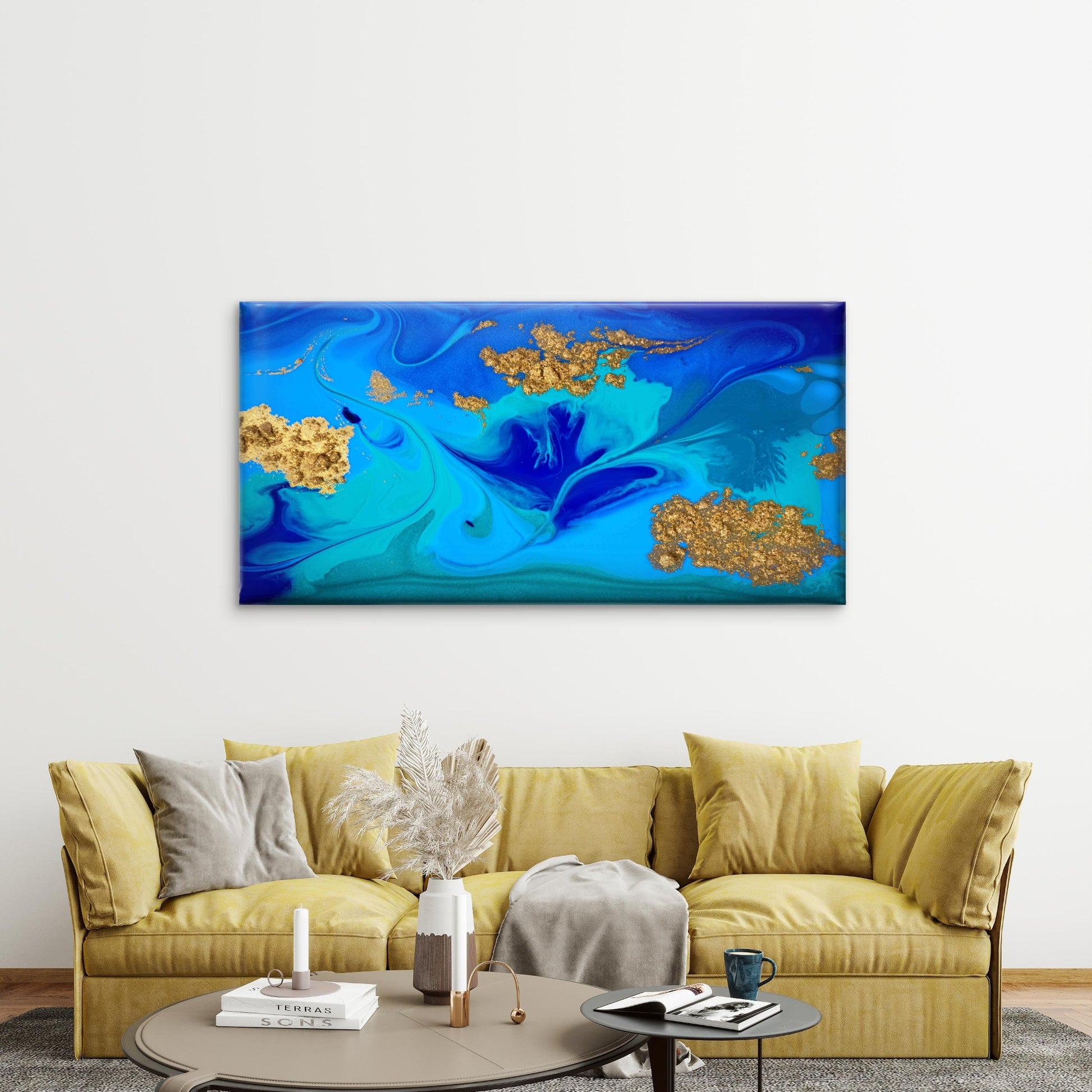 Marbled Blue Gold Abstract Wall Art Canvas Office Home Room Framed 120x60cm - Bella Home Decor