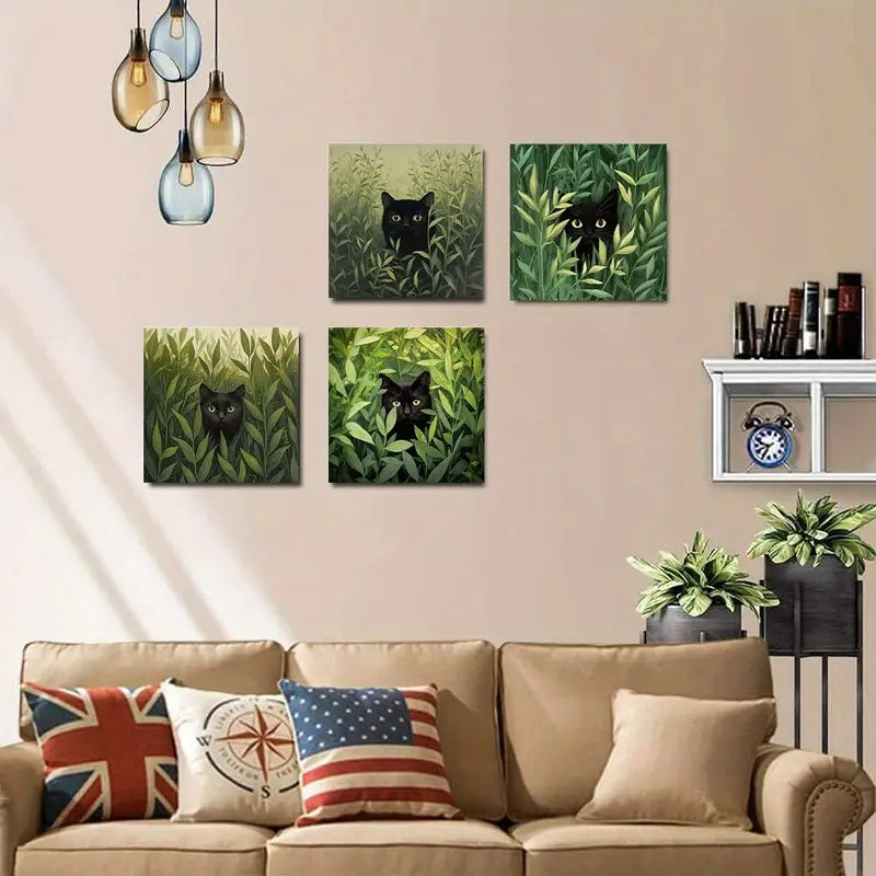 4pcs Black Cat in Green Leaves Wall Art Canvas Framed
