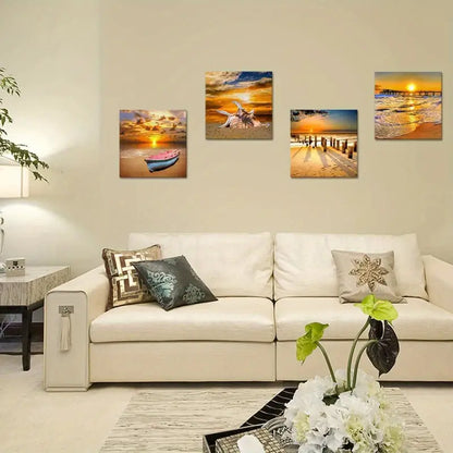 4pcs Holiday Art Ocean Sunset  Art Canvas Framed - Bella Home Decor