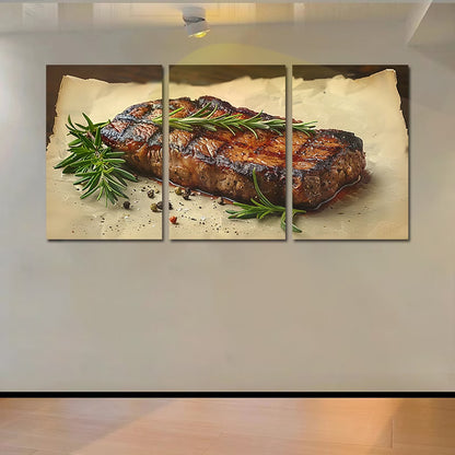3pcs Steak with Rosemary Sprigs & Peppercorns Wall Art Set Canvas Framed 50x70cm - High Quality Print 100% Australian Made Wall Canvas Ready to Hang