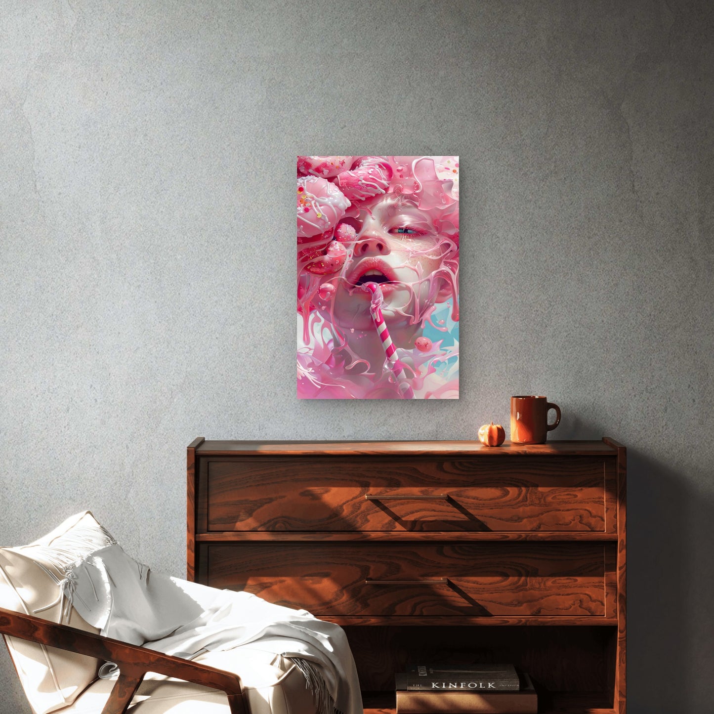 A Girl with a Pink Toothbrush 60x90cm Metal Print Ready to Hang