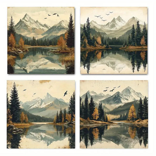 4pcs Mountain Forest Lake, Elegant  LE    Wall Art Canvas Framed