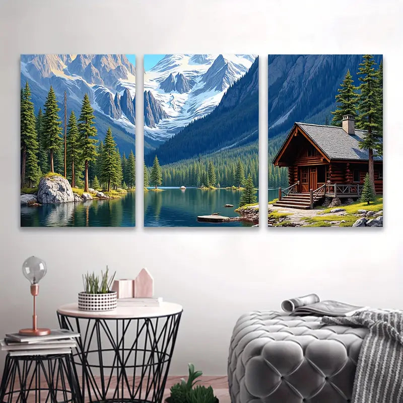 3pcs Mountain Cabin Lake and Snow Scene Art Wall Art Set Canvas Framed 40x60cm - High Quality Print 100% Australian Made Wall Canvas Ready to Hang