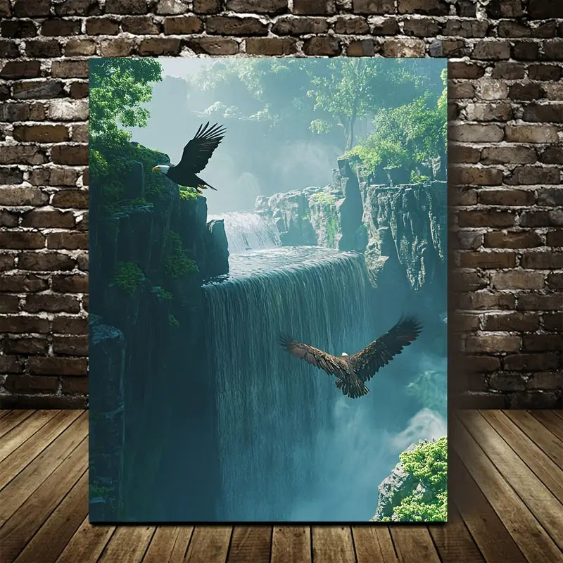Cyberpunk Eagle & Waterfall Scene Vibrant Morning 40x60cm Metal Print Ready to Hang - Bella Home Decor